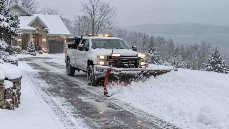 Snow plow truck clearing a residential driveway during light snowfall