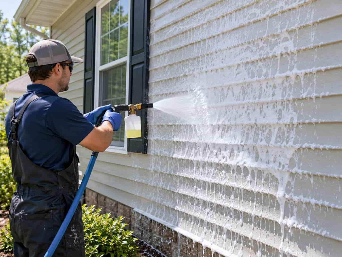 Technician using a low-pressure soft-wash nozzle to clean vinyl siding with foam solution