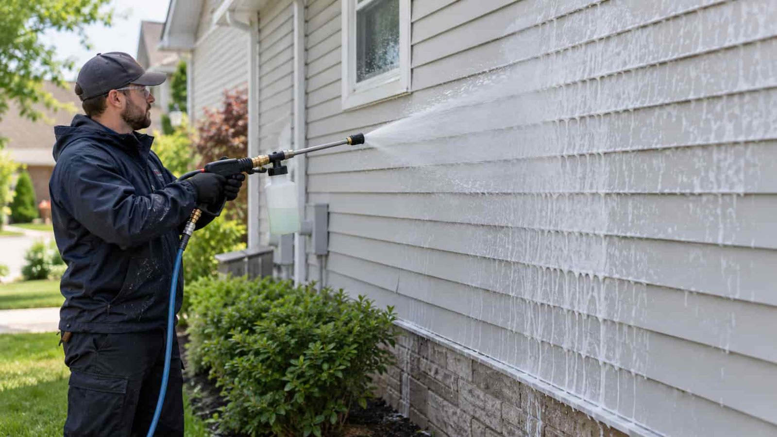 Technician applying foam cleaning solution to light grey vinyl siding on a GTA home.
