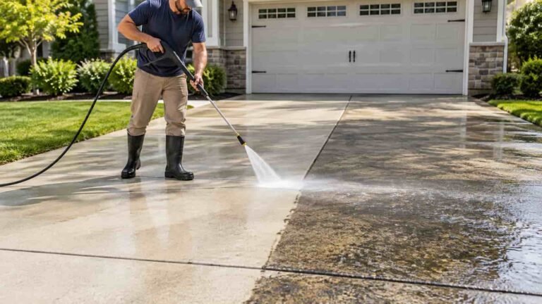 Technician power washing a concrete driveway showing the difference between clean and dirty surfaces