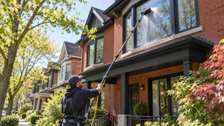 Window cleaning technician using a water-fed pole to clean second-storey windows of a Toronto brick house