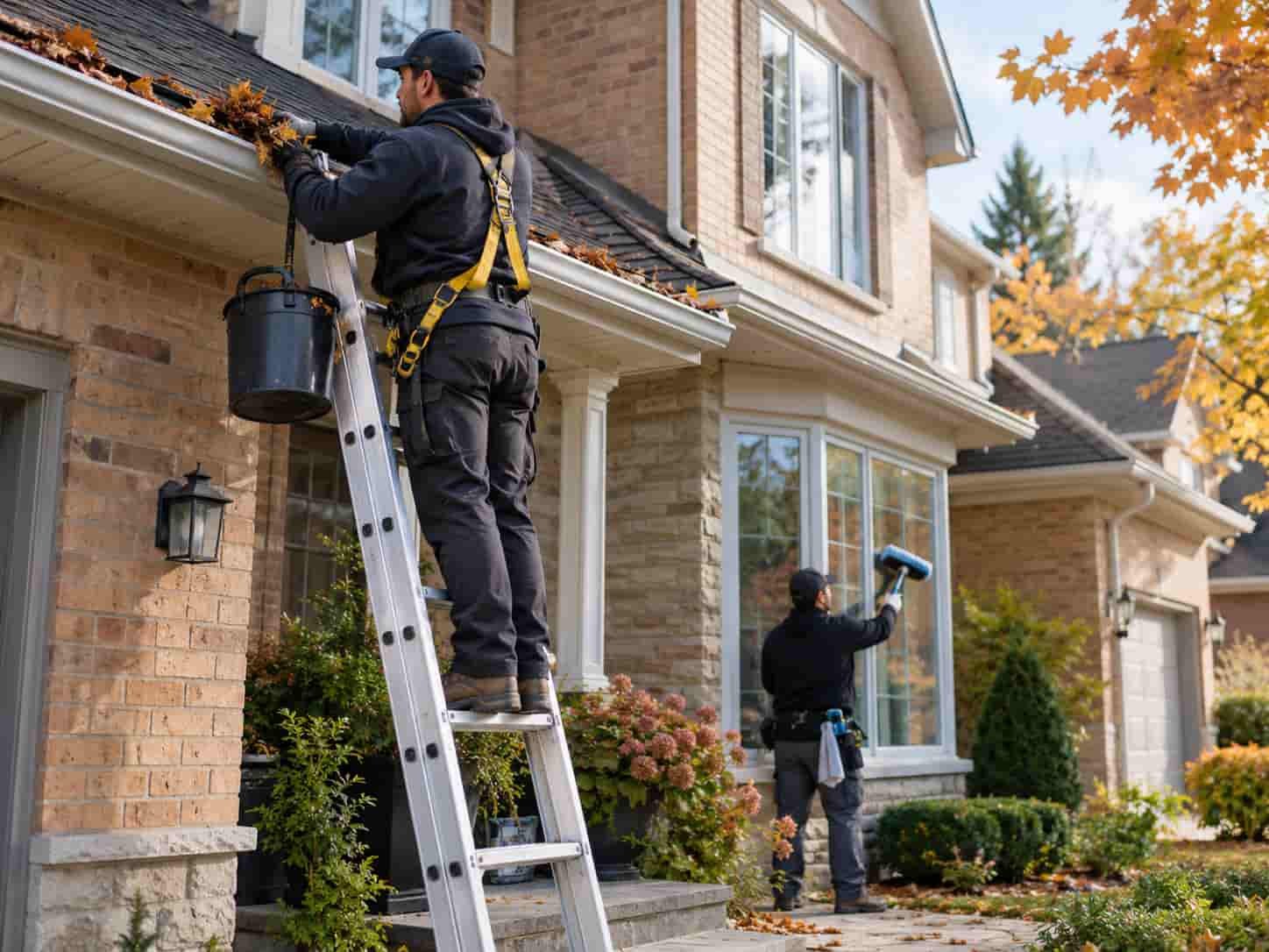 Technicians cleaning windows and clearing leaves from eavestroughs at a Toronto home in autumn